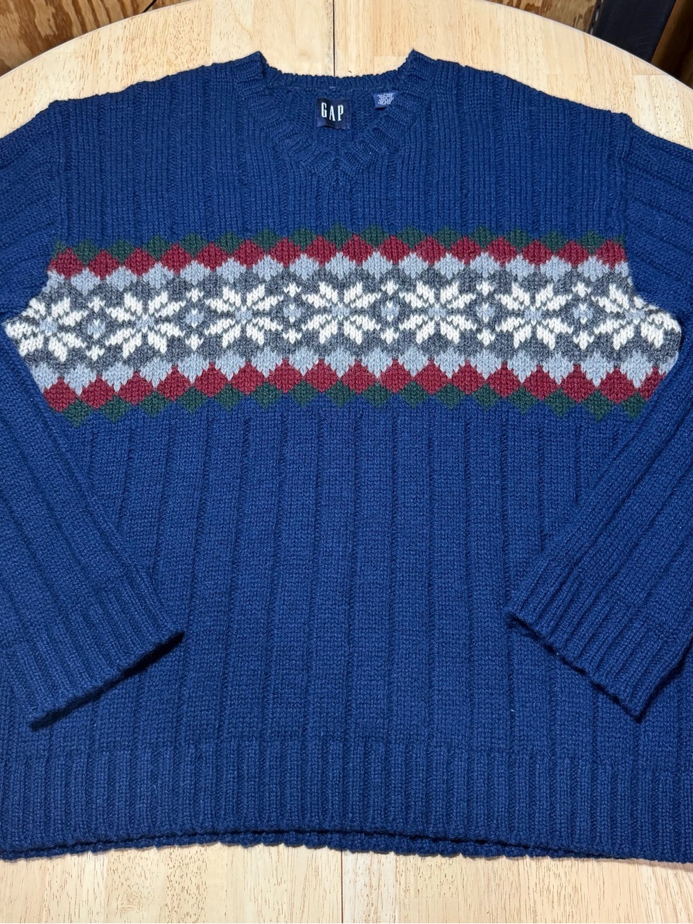 Vintage Gap Scottish Shetland Wool Sweater Large Blue Fair Isle V Neck Fisherman
